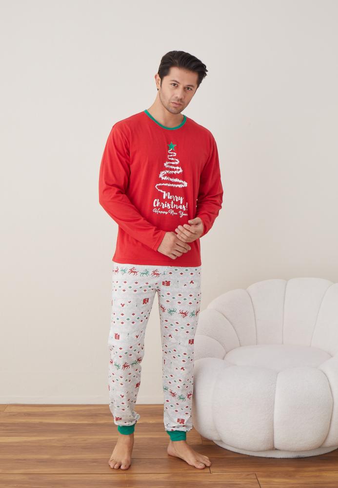 Pijama barbati Craciun " Merry Chrystmas " maneca lunga ,pantaloni lungi,Culoare Rosu Engros